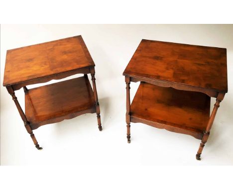 LAMP TABLES, a pair, George III design burr walnut each with quarter veneered top, undertier and turned supports, 47cm x 36cm
