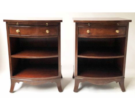 BEDSIDE LAMP TABLES, a pair, Regency style mahogany bow fronted with drawer and shelf, 51cm x 69cm H x 41cm. (2)