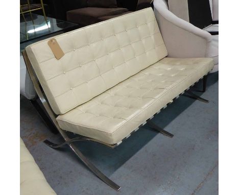 BARCELONA STYLE SOFA, with cream leather cushions, 132cm L.