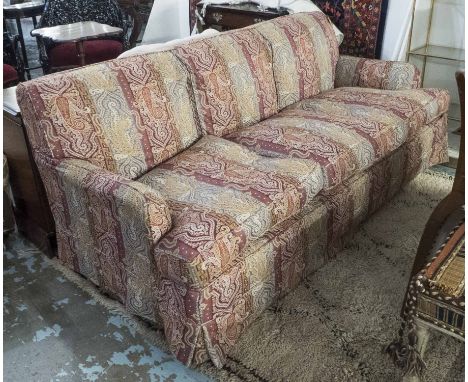 SOFA, Howard style three seater on patterned fabric, 202cm x 92cm x 83cm H.