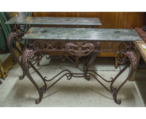 CONSOLE TABLES, a pair, Art Deco style cast metal with green marble tops and vine carving, 79cm H x 125cm W x 40cm D. (2) (sl