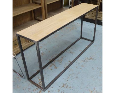 CONSOLE TABLE, wooden top on a metal base, 32cm D x 147cm W x 76cm H.