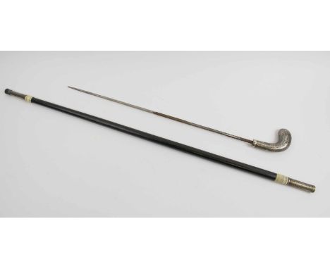 SWORD STICK, Moroccan silver, cane and bone with steel blades, 96cm L.