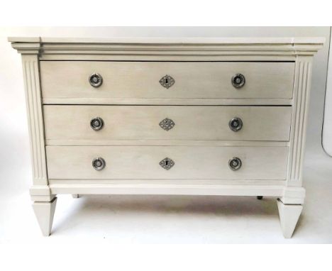 GUSTAVIAN STYLE COMMODE, 19th century traditionally grey painted with three long drawers and tapering supports, 117cm x 50cm 