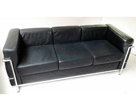 SOFA, Le Corbusier style black leather and chrome framed, 180cm W.