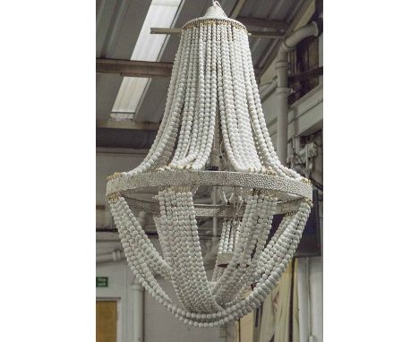 CHANDELIER, painted metal, hung with bands of beads and single light, 70cm W x 120cm H excluding chain.