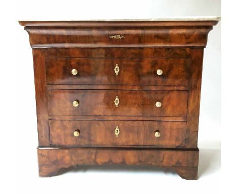 HALL COMMODE, 19th century French Louis Philippe figured walnut of small proportions with four long drawers and marble top, 1