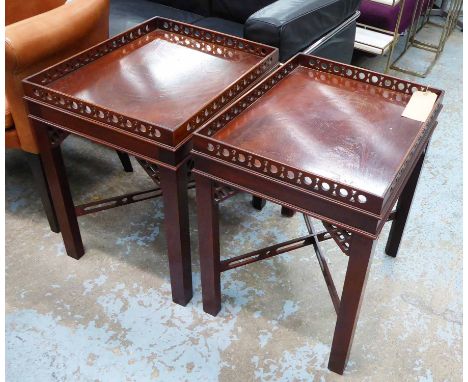 SILVER LAMP TABLES, a pair, Georgian style mahogany with fretwork detail and cross stretchers, 57cm x 46cm x 67cm H. (2)