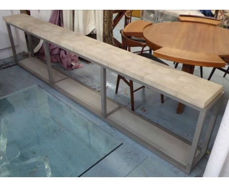 SHAGREEN CONSOLE TABLE, bespoke contemporary design with calf leather base shelves, 282cm x 30cm x 70cm.