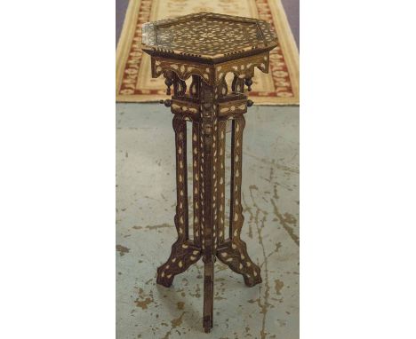 SYRIAN OCCASIONAL TABLE, hardwood, bone and pewter with a hexagonal top and mother of pearl decoration, 72cm H x 30cm W. (wit