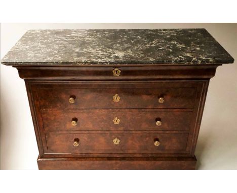 COMMODE, 19th century French Louis Philippe figured walnut and gilt metal mounted with St Annes grey, white and black marble 