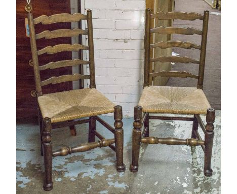 DINING CHAIRS, a set if six, including two armchairs beechwood with ladder backs and rush seats. (6)