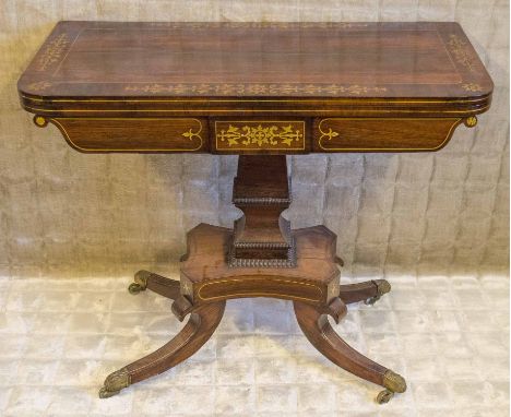 CARD TABLE, Regency rosewood and brass inlaid with foldover top, 73cm H x 89cm W x 43cm D. (with faults, playing surface lack