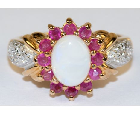 Ring, 925er Silber, vergoldet, echter Opal, Rubine und 2 kleine Diamanten, in rhodinierter Fassung, RG 52, Innendurchmesser 1