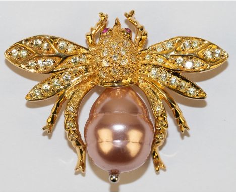 Brosche oder Anhänger "Hummel, 925er Silber, vergoldet, mit großer, rosa Perle ca. 1,5x1,2 cm, weißem und gelbem Quarz, Augen