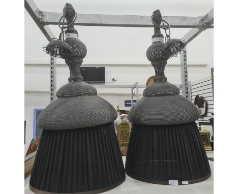 Set of three large D K Home pendulum light fittings with black fabric shades suspended from metal wire surmount, each approxi
