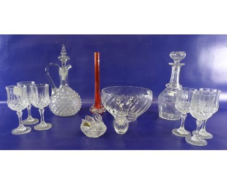 Dartington glass bowl of wrythen circular form, a slab cut decanter, an orange glass vase and various other items 