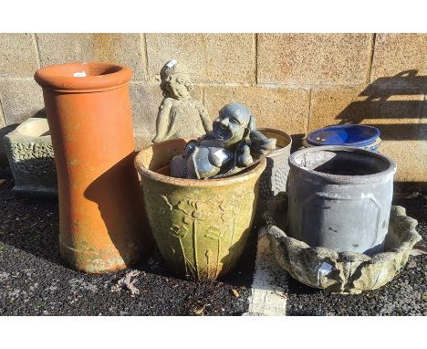 Terracotta chimney pot, reconstituted stone garden ornaments and pots, ceramic garden pots and buddha
