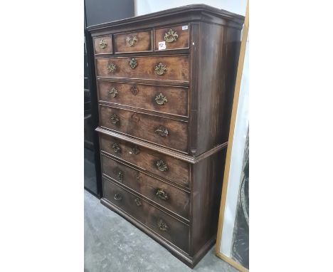 George III mahogany tallboy chest on chest, the top section with cavetto frieze, three short and three long graduated drawers