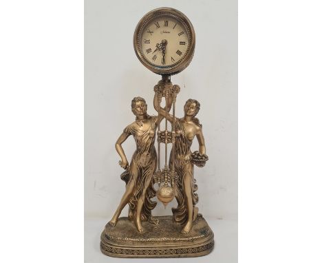 Mantel clock in the French manner, quartz movement by Juliana, in the form of two female figures holding aloft the clock, on 