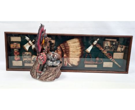 Glazed and stained wood display case with simulated American Indian ephemera and collectables and similar resin model America