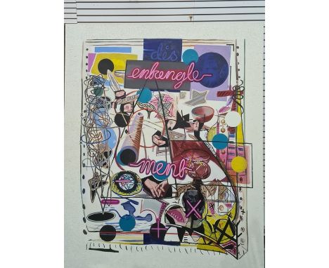 Michael Holland (1947-2002)Oil on canvasBody parts, tubular writing and objects amidst abstract composition, 199cm wide  