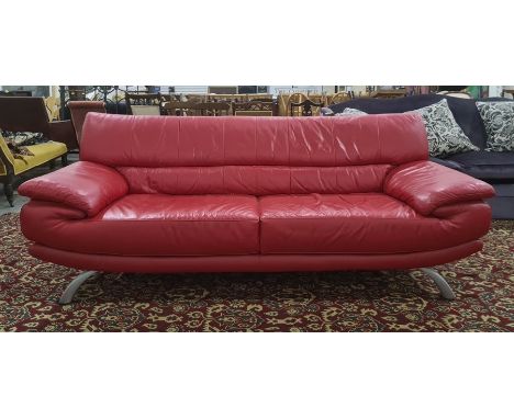 Modern red leather three piece suite&nbsp;to include three seater sofa, armchair and chaise longue