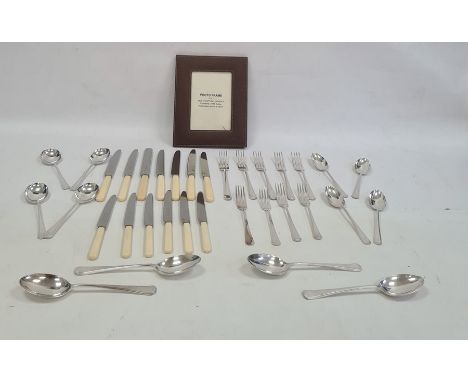 Quantity of silver-plated cutlery, a leather photograph frame and Coalport cabinet cups and saucers