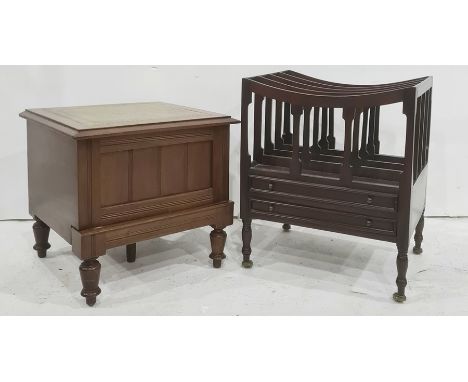 Reproduction mahogany four-section Canterbury with two drawers under, turned supports, brass castors and a commode (2) 
