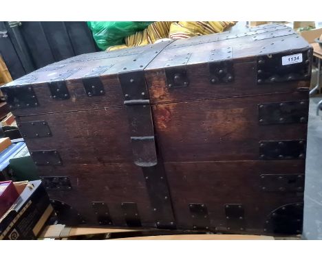 19th century oak and iron bound rectangular trunk, 75cm x 50.5cm
