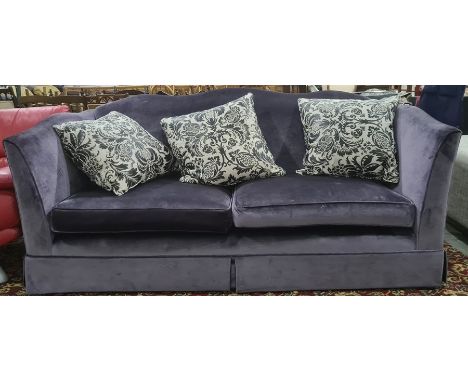 Purple velvet three seat sofa with three scatter cushions, all handmade by Peter Alexander in Birmingham (original cost appro