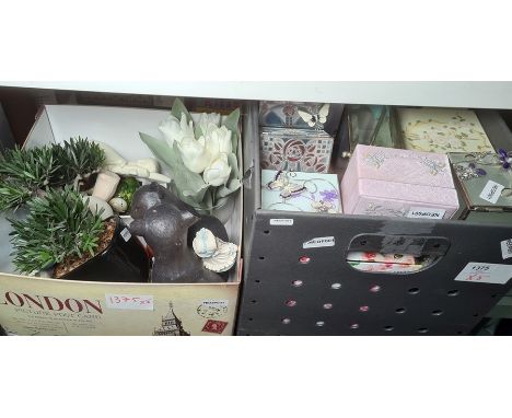 Faux Bonsai tree, a vase of faux white tulips, a large quantity of jewel/trinket boxes, assorted planters, a metal figure of 