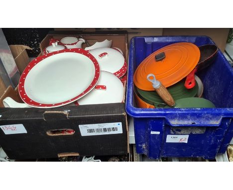 Two Le Creuset casseroles, one orange, one dark green a green Le Creuset saucepan and a frying pan,&nbsp;part dinner service&