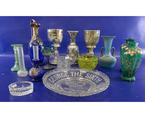 Pair of silvered glass goblets with painted decoration, 21cm high, another similar vase, a blue glass ewer with gilt and enam