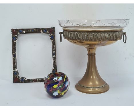 Brass picture frame decorated with enamel scrolls and applied paste, 26.5 x 21.5cm, a brass bowl, two handled with glass line