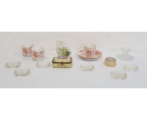 Royal Crown Derby 'Red Aves' three teacups and a pair of matching saucers, an ivy circular trinket box, a French rectangular 