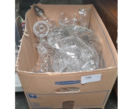 Assorted glassware to include Royal Brierley, LSA stemmed vase, small glass decanter, bowls and glassware (1 box)
