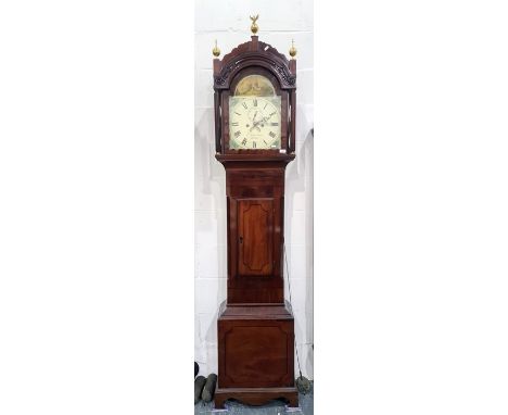 Mahogany longcase clock, the painted dial with church scene, Roman numerals, three brass globe finials the central one with e