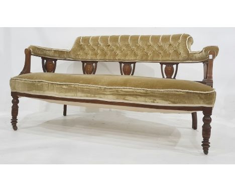 Victorian sofa upholstered seat and back, turned and ringed front legs to brown china castorsCondition ReportDimensions : 141