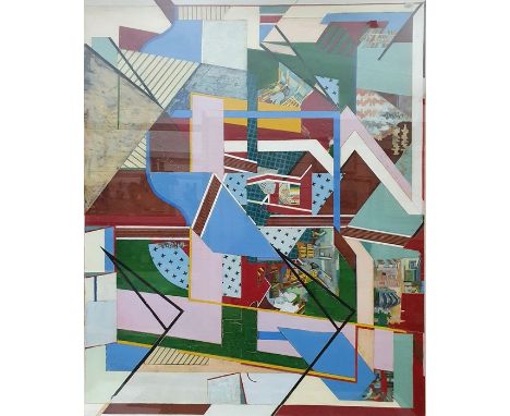 Michael Holland (1947-2002)Mixed media laid down on canvasGlimpses of interiors, buildings and vehicles amid abstract shapes,