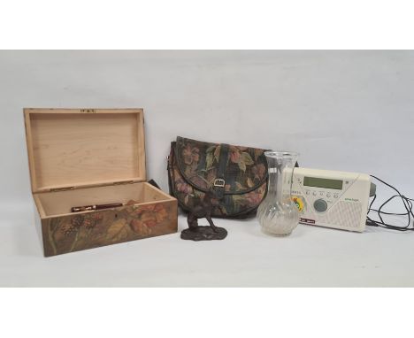 Penwork and painted walnut casket, rectangular, three model cars, quartz mantel clock and a small quantity of decorative item