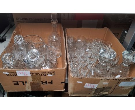Barometer, assorted moulded glassware to include wines, decanters, water jug, tumblers etc. (3 boxes)