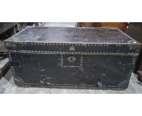 Vintage black leather and studded trunk, 84cm x 38cm
