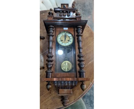 20th century mahogany wall Vienna regulator-style clock with brass and enamel-effect dial, Roman numerals, key, 87cm long app