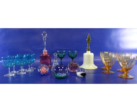 Four assorted paperweights to include Caithness 'Optics' R588, assorted coloured wines, two glass bells, pair cut glass and g