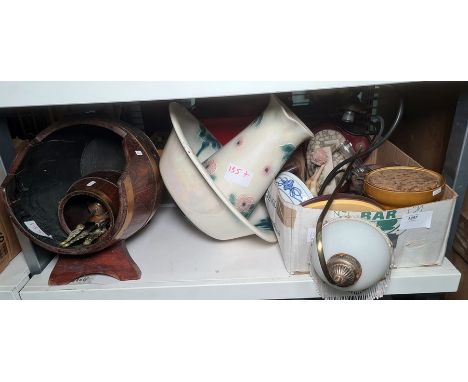 Half barrel coal scuttle banded with brass, a small banded barrel and a fire companion set, assorted ceramics, lamps and a ew