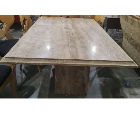 Rectangular marble topped table on single pedestal support, 169 cms. length, x 100w cms x 73 cms H.The marble top rests on to