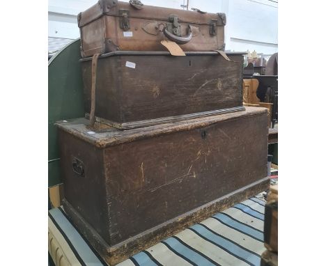 Wooden trunk, a wooden box and a leather case (3) Condition ReportThe largest trunk measures 90W x 49D x 43H cmThe leather ca