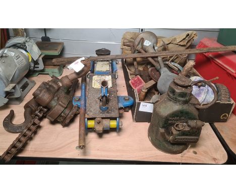 A box of vintage heavy duty tools to include g-clamps, tube cutter, drill, soldering irons etc. plus a vintage car horn, trol
