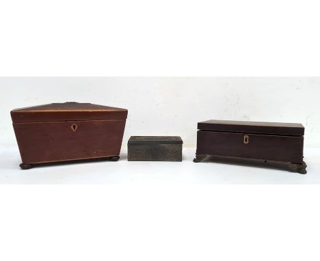 Sarcophagus-shaped tea caddy, a further box with compartmented interior and an embossed cigarette box (3) 